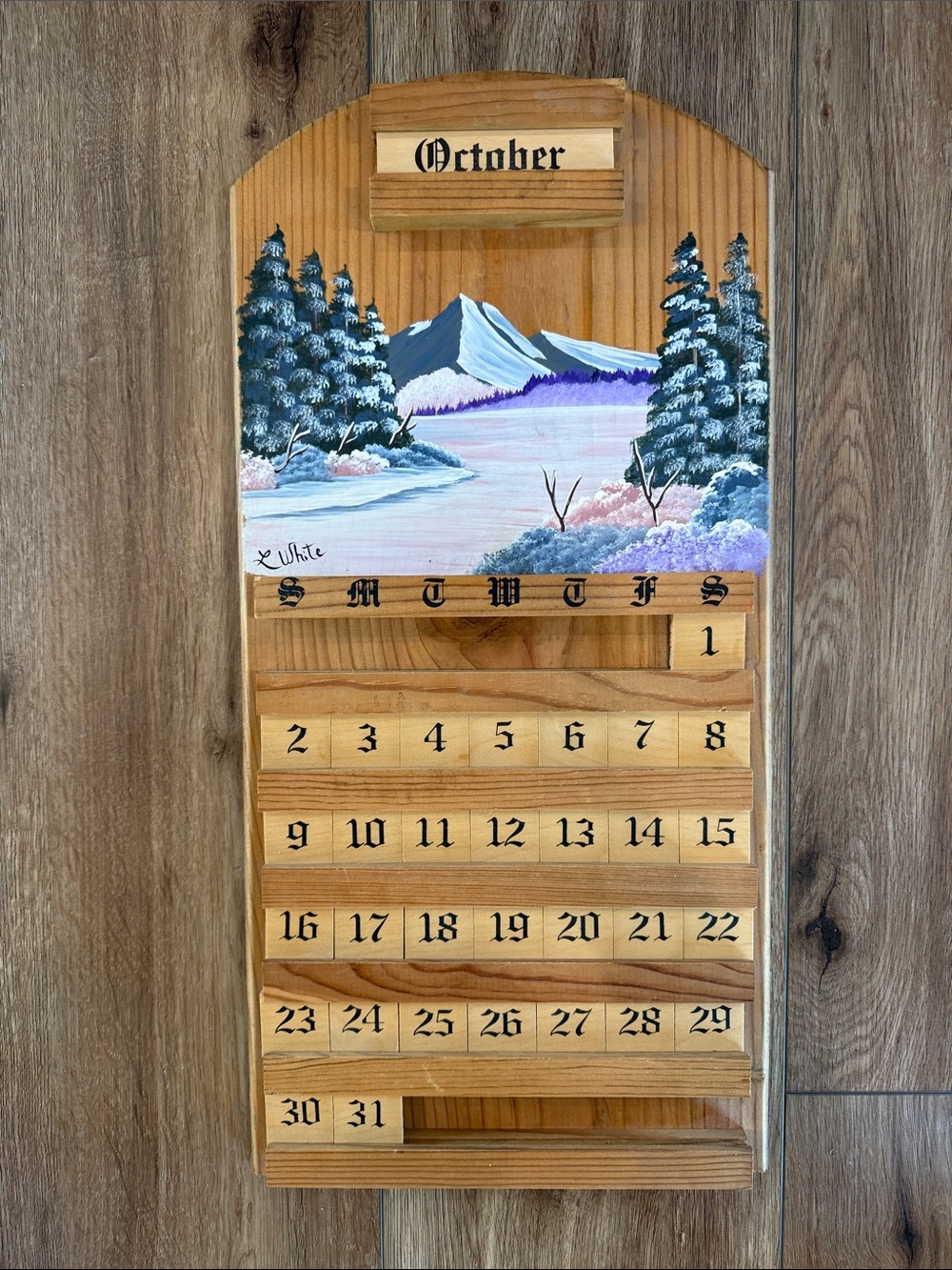 Handpainted Wooden mountain lake scene  Perpetual Wall Calendar